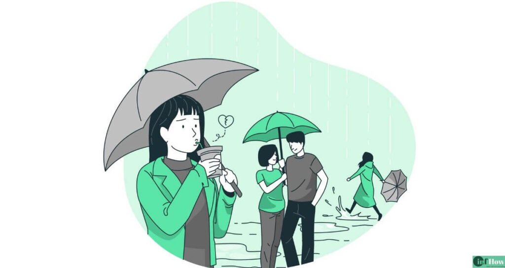 Cartoon depicting people walking in the rain, each holding colorful umbrellas, showcasing a lively urban scene.